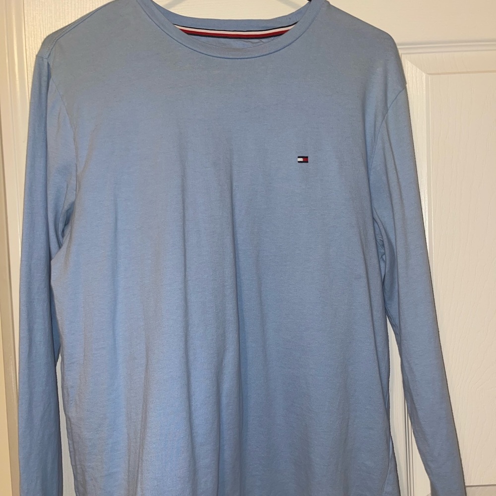 Mens lightly worn Tommy Hilfiger blue long-sleeve shirt